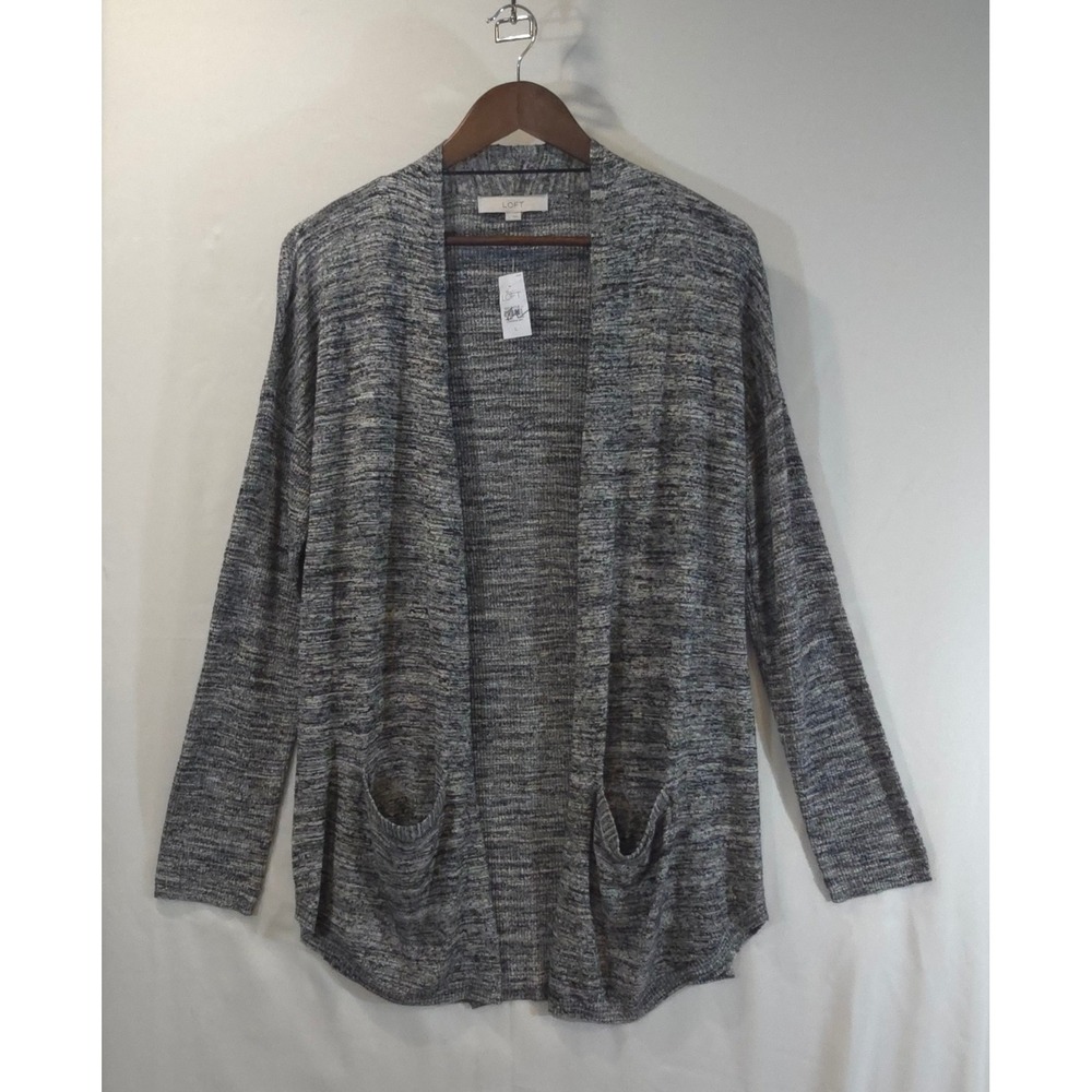 Ann Taylor LOFT Womens Grey Marled Open Front Knit Cardigan Sweater Large NWT